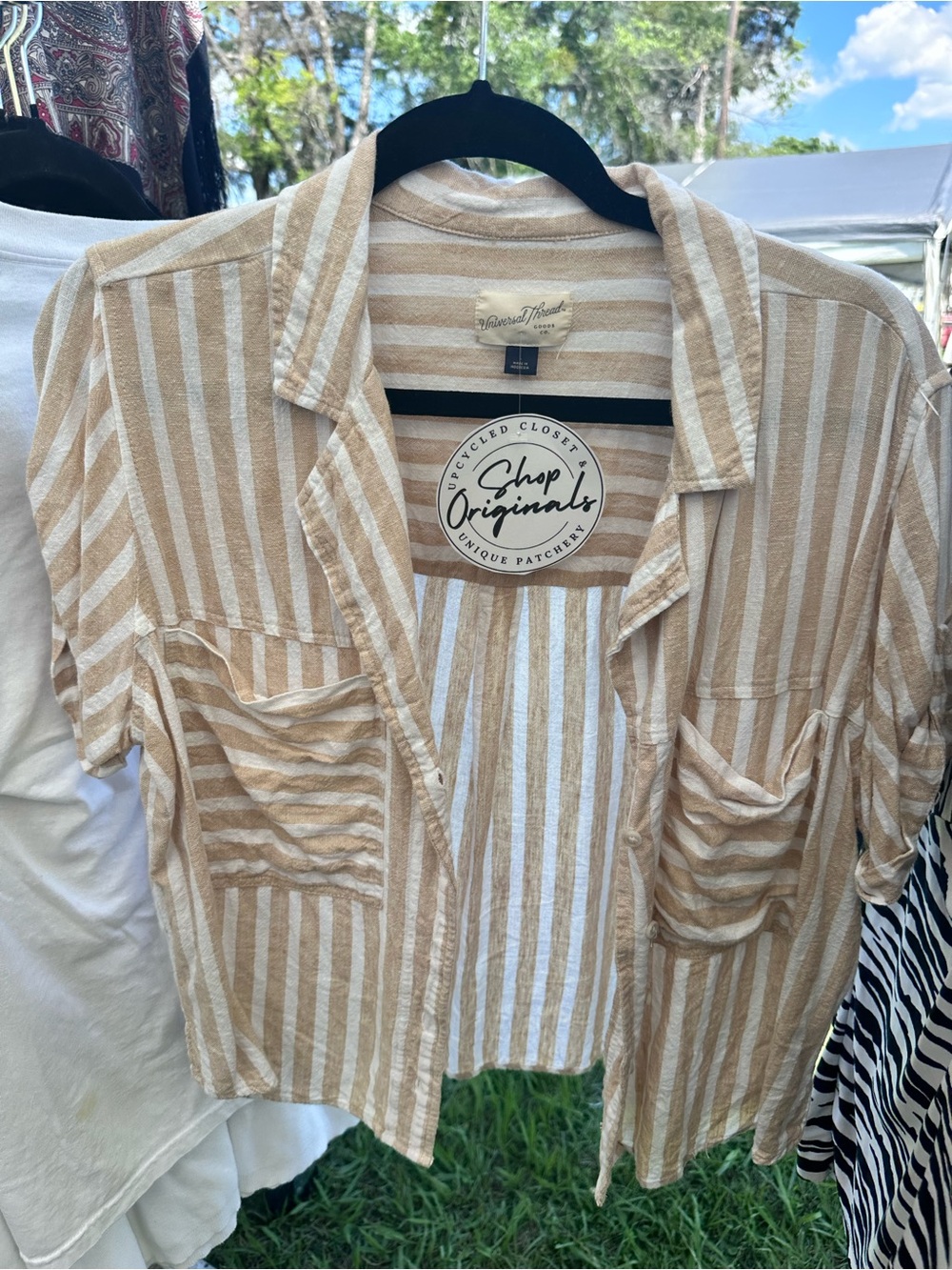Universal Thread Beige and White Striped Button-Front Top